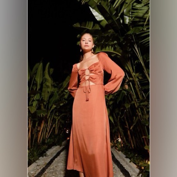 FARM Rio Dresses & Skirts - Farm Rio Caramel Cutout Front-Tie Satin Midi Dress